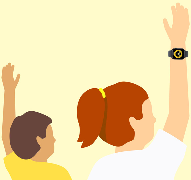 Kinder heben ihre Hände in einem Klassenzimmer. Sie tragen Apple Watches.