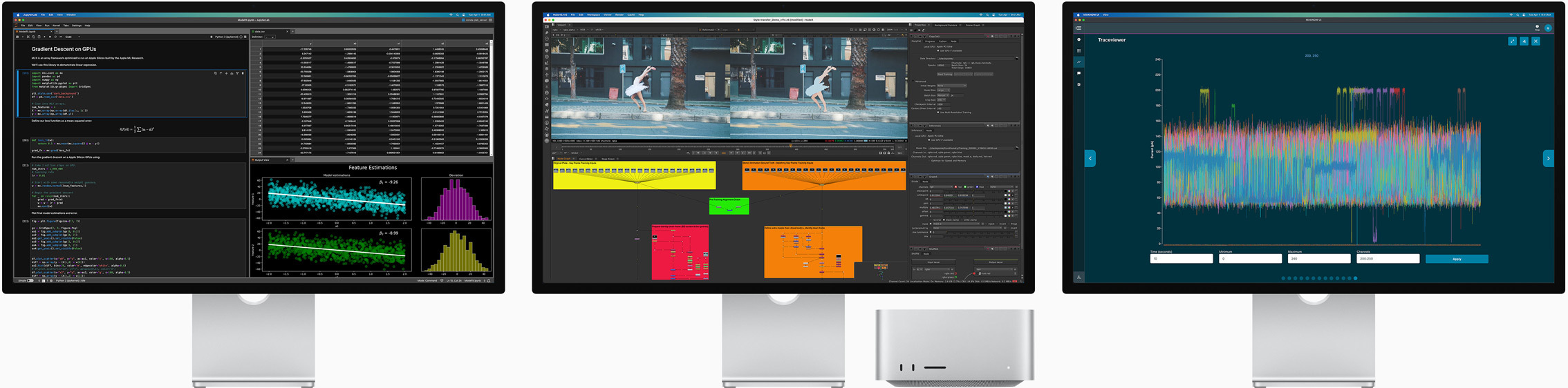 Mac Studio avec trois Studio Display, affichant chacun des apps macOS différentes à l’écran