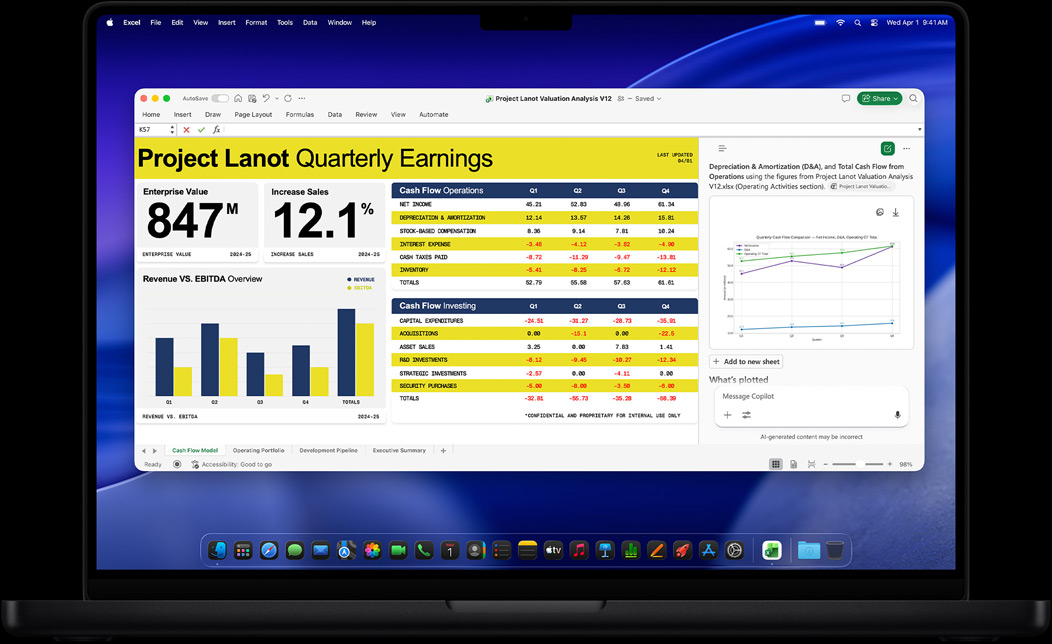 Écran d’un MacBook Pro affichant un rapport financier trimestriel créé dans Excel