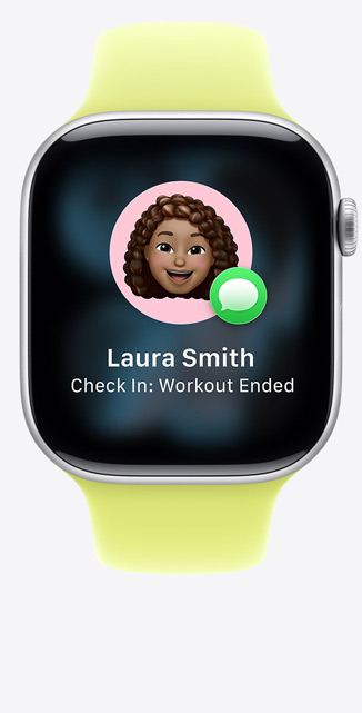 Apple Watch Series 11, kast van aluminium, kleur zilver, suggestie voor Check-in in iMessage, sportbandje, kleur neongeel