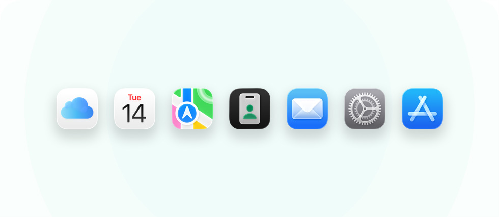 A lineup of business-related apps and tools including iCloud, Calendar, Maps, Apple Business, Mail, Settings and Apple Store