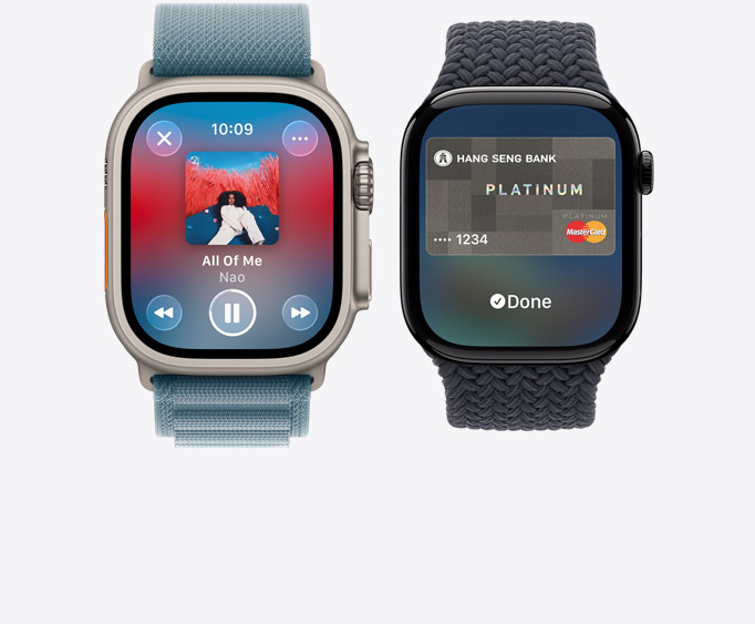 Apple Watch Ultra 3, titanium case, natural color, Apple Music app, now playing screen, Apple Watch Series 11,  aluminum case, polished jet black color, Apple Pay screen, Apple Card