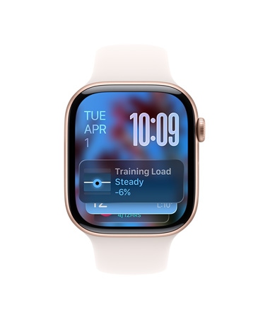 Apple Watch Series 11, rozéaranyszínű alumíniumtok, javaslat az Intelligens pakliban, lágy rózsaszín sportszíj