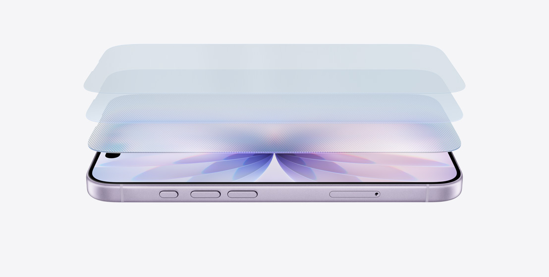 iPhone 17 horizontal on its side in Lavender finish, with a layered design showcasing Ceramic Shield 2