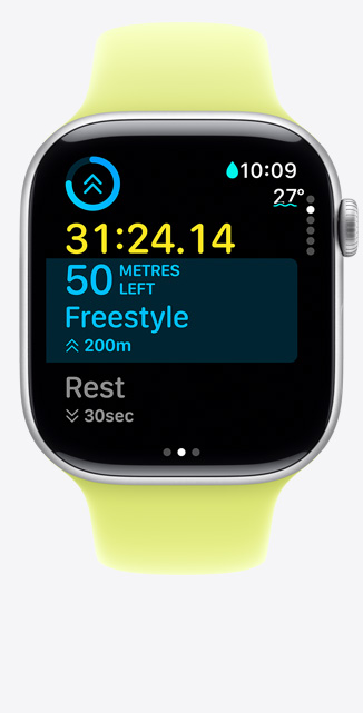 Apple Watch Series 11, aluminum case, silver color, Custom Workout screen tracks Pool Swim, metrics onscreen, Sport Band, neon yellow color