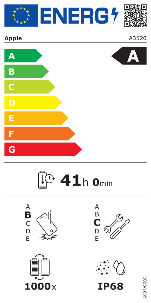 QR kód a informácie na energetickom štítku EÚ, model Apple A3520, trieda A, triedy energetickej účinnosti (so stupnicou od A po G), A (najúčinnejšia) až G (najmenej účinná), výdrž batérie na jeden cyklus, 41 hodín a 0 minút na plné nabitie batérie, trieda spoľahlivosti pri opakovanom voľnom páde B, A (najodolnejšia) až E (najmenej odolná), trieda opraviteľnosti C, A (najopraviteľnejšia) až E (najmenej opraviteľná), výdrž batérie 1 000 cyklov, stupeň ochrany proti vniknutiu prachu a vody (IP) IP68, nariadenie 2023/1669