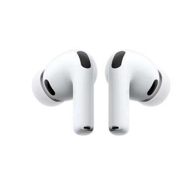 Face arrière d’une paire d’AirPods Pro 3 blancs, chacun orienté dans une direction opposée, sur un fond blanc.