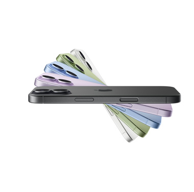 Cinq iPhone 17 disposés en éventail. Leur couleur, dans l’ordre : noir, lavande, bleu aube, sauge et blanc. Tous les appareils sont présentés de côté, le premier est noir et arbore le logo Apple sur sa face arrière.