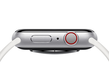 Apple Watch, finition argent, côté droit, bouton latéral, trou du micro, Digital Crown