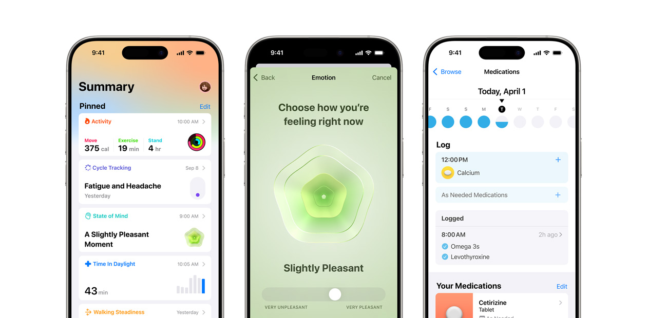ثلاثة أجهزة من iPhone تعرض تطبيق صحتي من Apple.‏