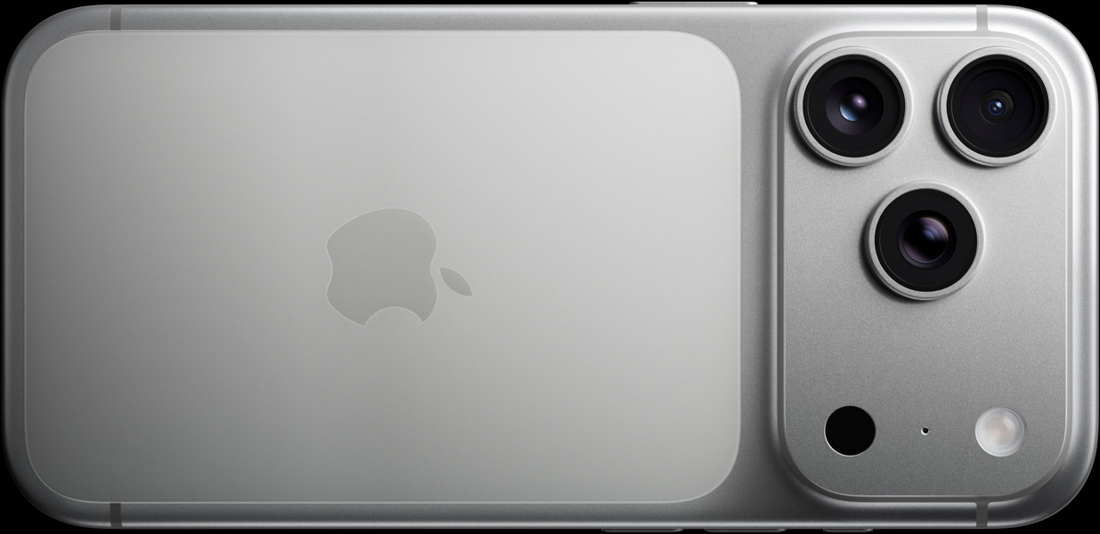 iPhone 17 Pro, argent, face arrière, système caméra Pro Fusion, 3 objectifs, micro, flash