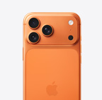 iPhone 17 Pro، الجزء الخلفي الخارجي، لون برتقالي كوني، نظام كاميرا Pro Fusion في المنصة العلوية