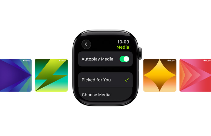 Apple Watch in center in Jet Black, no strap, with Picked for You and Choose media options on face, with custom Apple Music wallpapers in background