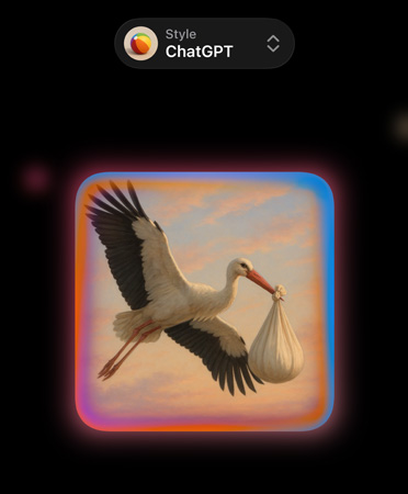Image Playground avec menu déroulant en haut indiquant « Style: ChatGPT », image d’une cigogne qui vole en tenant un paquet contenant un bébé dans son bec