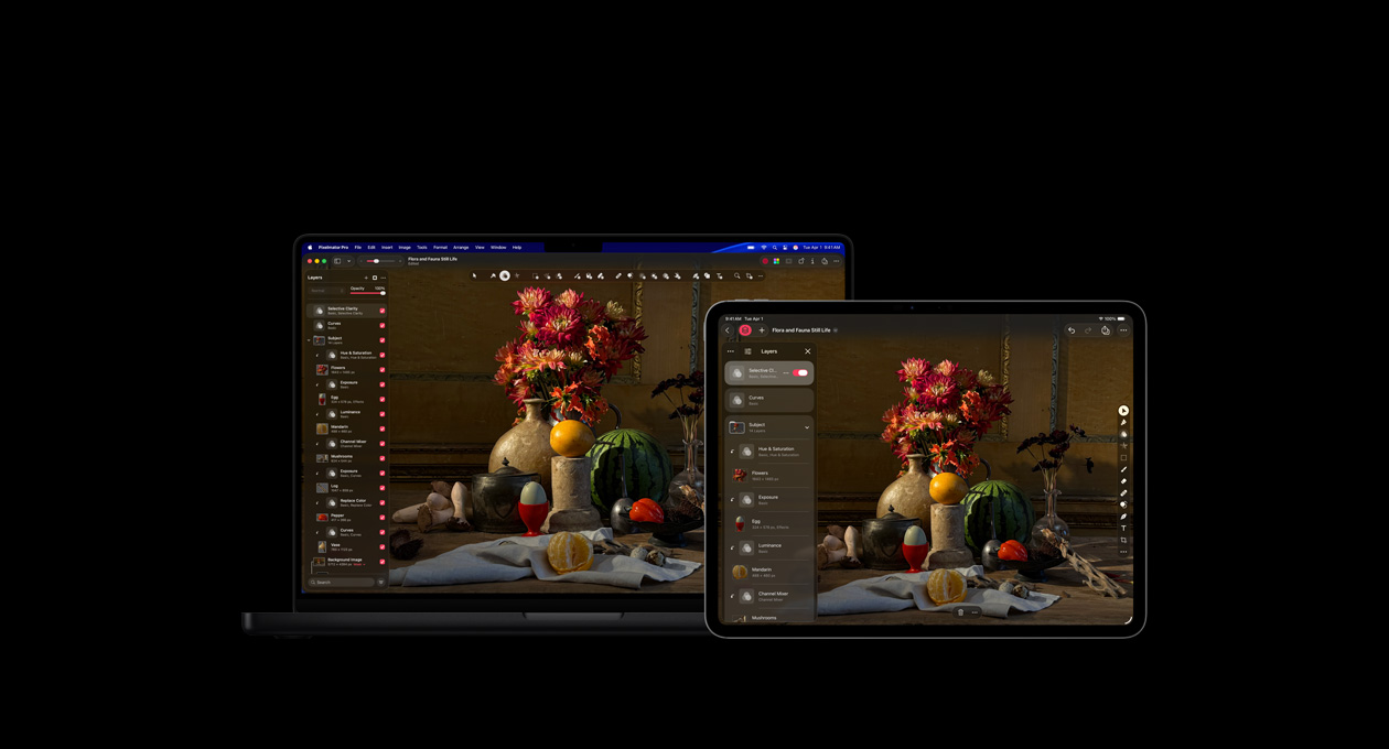 MacBook Pro 16 and iPad Pro 13 screens, Pixelmator Pro, flora and fauna still life painting, layers toolkit on the left